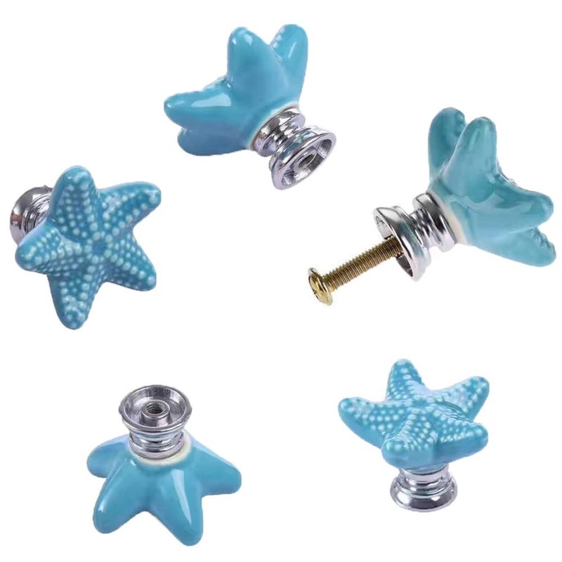 ZILucky Starfish Ceramic Drawer Pulls Handles for Nursery Dresser Cupboard Wardrobe Cabinet Kitchen Beach Ocean Theme Knobs Pack of 6 (Blue) - Image 2
